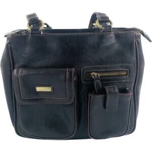 Vintage PVC Purse Brown Strap Pockets Zipper Snap Phone Pocket 10"x 9" Bag Retro